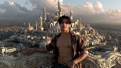 Above a city of spires, a man wearing an unbuttoned plaid shirt leans on a carved balcony