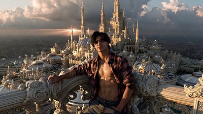 Leaning on a stone railing, a bare-chested young man in an open plaid shirt rests looking out over a city at dusk