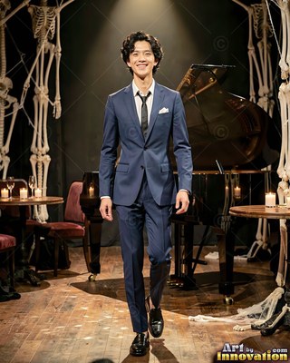 On a dark stage by a grand piano, a smiling man walks forward in a blue suit