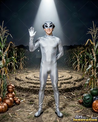 Waving under a spotlight, a cheerful man stands in a silver alien suit in a cornfield