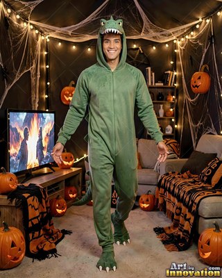 A man in a green dinosaur onesie smiles in a cozy living room full of carved pumpkins