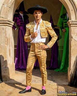 A man stands in a gold matador suit under an archway in bright afternoon sun