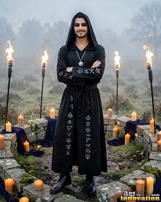 Arms crossed, a smiling man stands in a stone candle circle wearing a hooded black robe