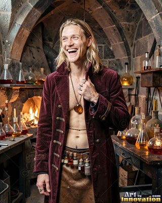A laughing blond man in an open velvet coat stands in a stone alchemy lab