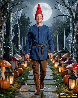 On a moonlit garden path, a man with a smile walks dressed as a gnome in a blue tunic