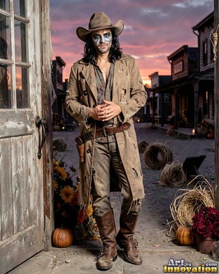 Man in a tattered cowboy costume on a western street