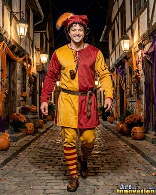 A feathered cap sits on a man walking in a red and yellow tunic along a cobblestone street decorated with pumpkins