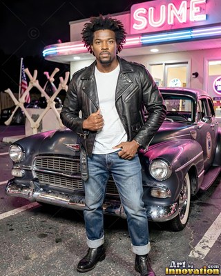 A man stands by a vintage car outside a diner under pink neon light