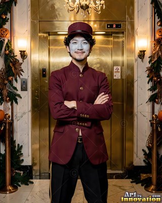 Standing with crossed arms, a man in a bellhop uniform waits by an elevator