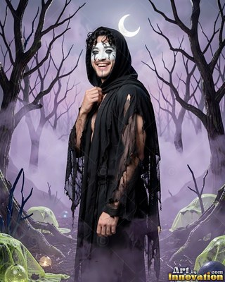 A grinning man with face paint wears a tattered black robe in a misty forest