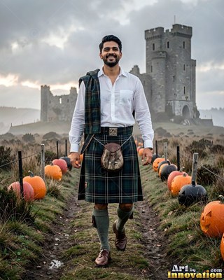 Outside a stone castle, a grinning man in a plaid kilt walks a pumpkin-lined path
