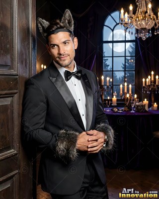Man in a black tuxedo with furry wolf ears and cuffs