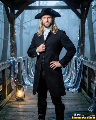 A man poses in a colonial black coat on a bridge in blue misty light