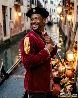 A happy man in a red velvet Renaissance coat rides a gondola in Venice