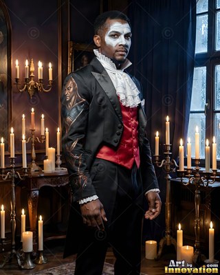 In a candlelit room, a man in face paint wears a black tailcoat with a red vest