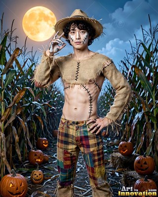 Posing as a scarecrow, a shirtless man stands in a cornfield under the full moon