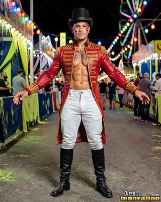 Man in an open red ringmaster coat at a carnival midway