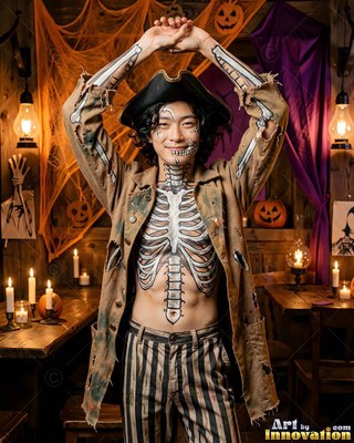 Skeleton body paint covers a happy man in a pirate hat inside a room lit by candles