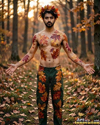 A bare-chested man stands in the woods covered in autumn leaves under soft warm light