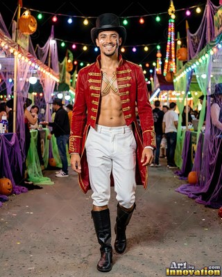 Walking forward at a carnival, a man with a smile wears an open red ringmaster coat
