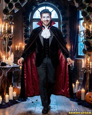 A happy man dressed as a vampire opens his black and red cape in a candle lit room