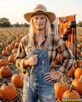 In a pumpkin patch, a blond man poses in overalls and a straw scarecrow hat