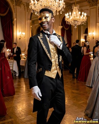 Grinning man wearing a gold mask and black tuxedo in a ballroom