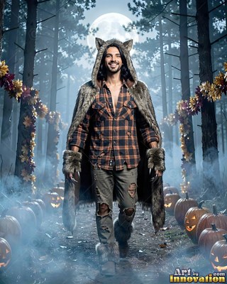 Wearing a furry wolf hood, a cheerful man walks through a misty pumpkin patch under a full moon