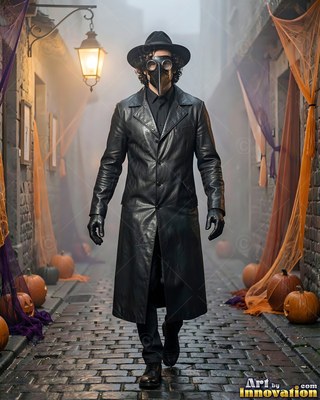 A man in a plague doctor mask walks down a misty alley lit by a yellow lantern