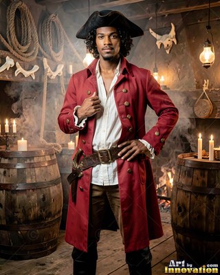 Standing in a candlelit room, a man poses in a red coat and pirate hat