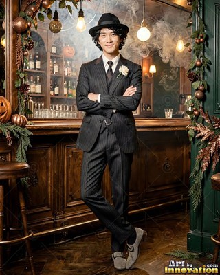 A man with a smile in a dark pinstripe suit and fedora leans against a wooden bar