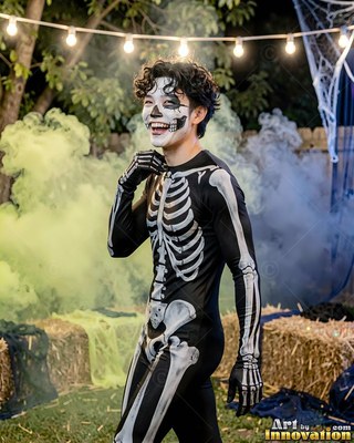 In a foggy backyard, a man with a smile wears a skeleton bodysuit and face paint
