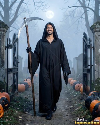 Holding a tall scythe, a smiling man in a black reaper robe walks through graveyard gates