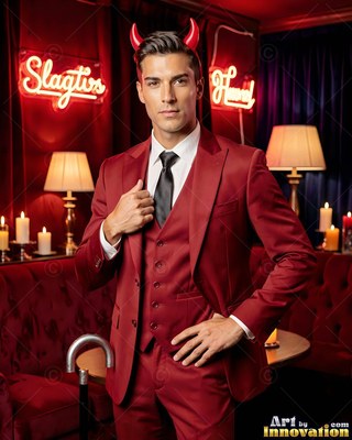 Red devil horns top the head of a man in a crimson three-piece suit standing in a lounge with red neon signs