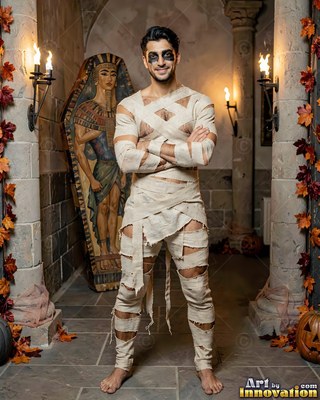 A smiling man in mummy wraps crosses his arms in warm torchlight