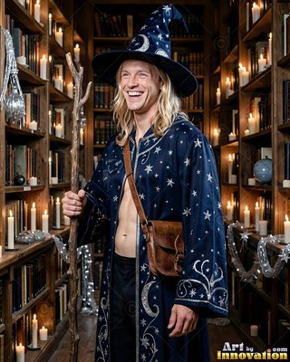 Facing forward in a candlelit library, a man with a smile holds a staff in a blue wizard robe