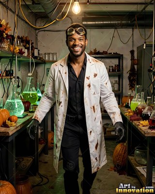 In a dimly lit laboratory, a happy man stands in a stained white coat