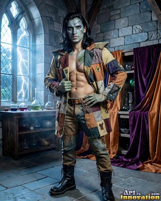 Posing in a stone lab, a shirtless monster man wears an open patchwork coat