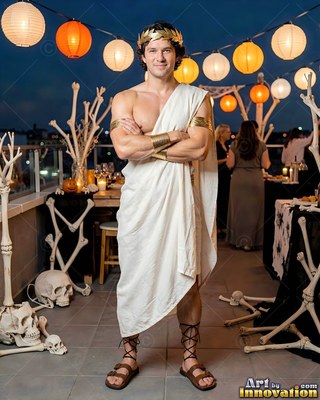 Man in a white toga costume stands with arms crossed