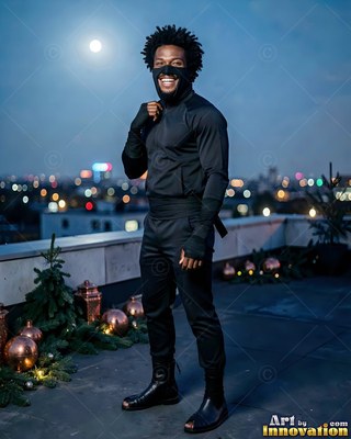 A cheerful man in a black ninja mask stands on a rooftop under the moon night sky