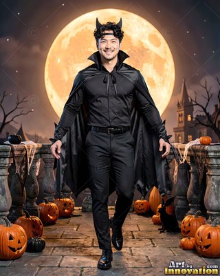 Walking forward on a stone balcony, a grinning man sports a black cape and devil horns