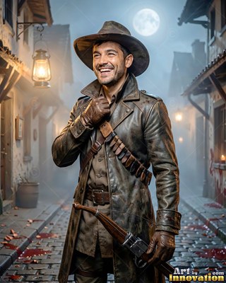 Smiling on a cobblestone street, a man has on a brown leather coat and hat