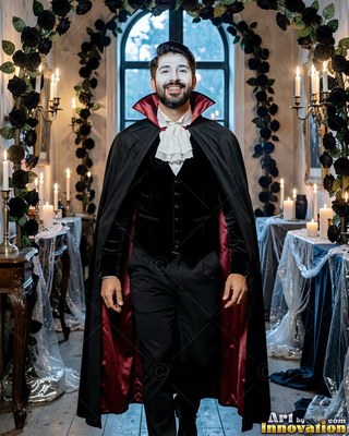 Man with a smile in a vampire cape walking through a candlelit room