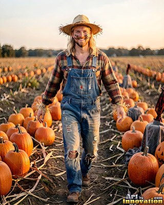 Tattered denim overalls dress a grinning man walking through a pumpkin patch at dusk