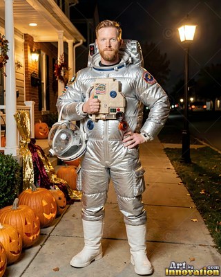 A man stands on a sidewalk in a silver astronaut suit under warm yellow lamplight