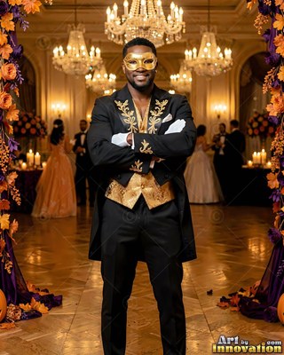 Standing arms crossed, a masked man in a gold vest poses in a ballroom