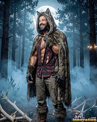 A smiling man in a wolf pelt cloak and ripped shirt stands in misty woods