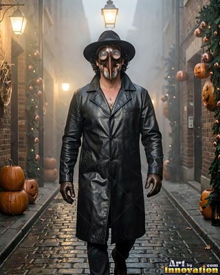 On a foggy cobblestone street, a man walks in a black coat and plague mask