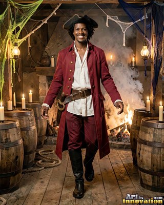 Walking forward with a smile, a pirate man wears a red coat among wooden barrels