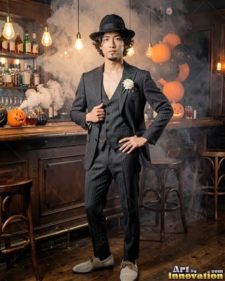 Man in a dark pinstripe suit and fedora at a smoky bar